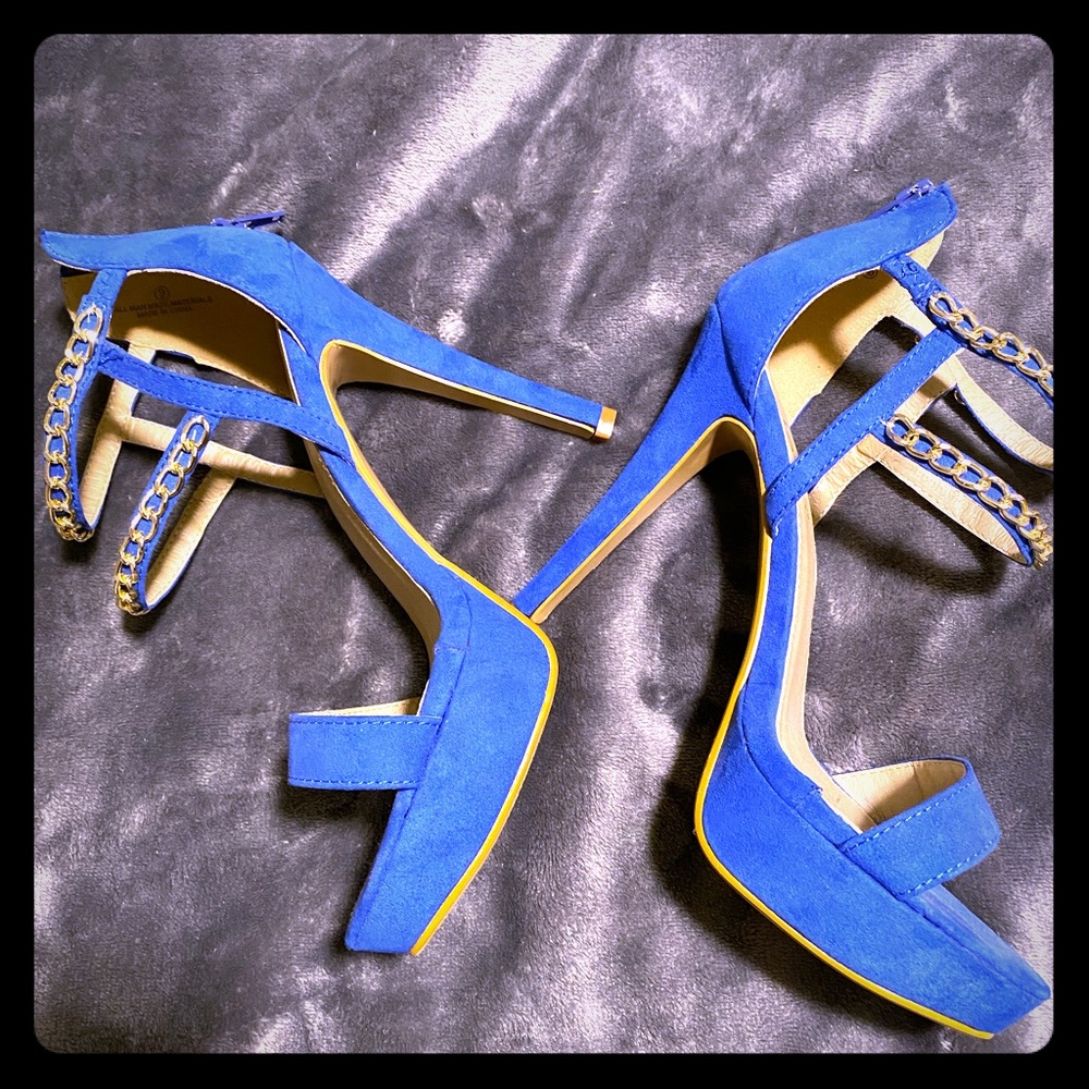 Blue with gold chain 5.5” heels-1.5” platform.